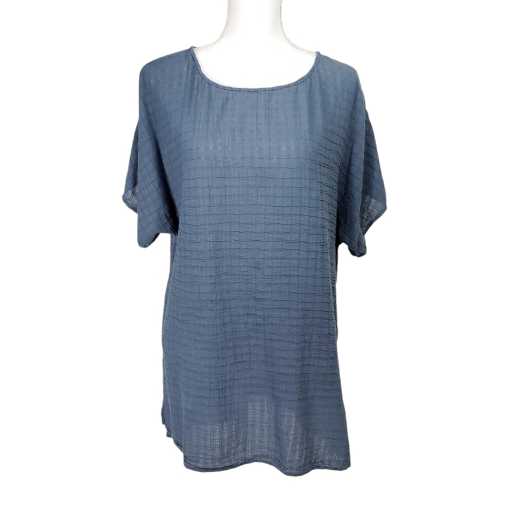Pure Jill Petite M Blue Crinkle Long Tunic Shirt